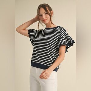 Blue nautical ruffle lace bubble sleeve western blouse tunic top shirt